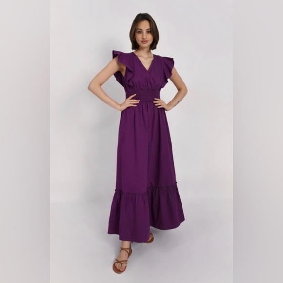 Molly Bracken Katrina Maxi Dress NWT Sz L Purple Flutter Sleeve Smocked Waist - Picture 1 of 13
